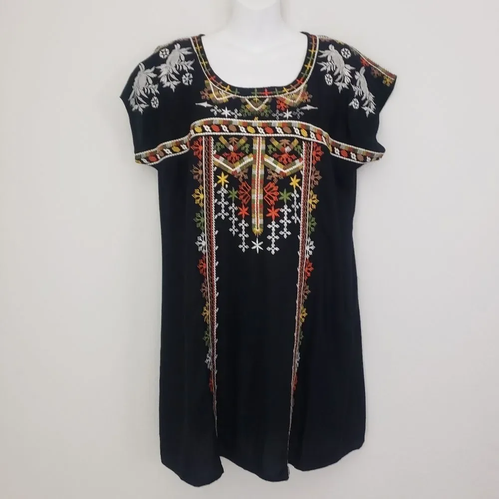 Gibson Latimer Shift Dress Medium Black Embroidered Boho Western Summer Casual